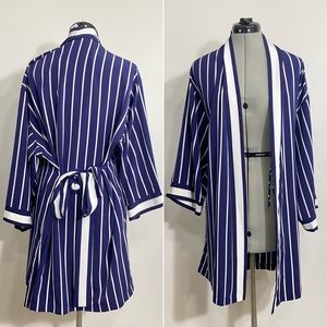 Vintage 80s Natori Kimono Duster Coverup Robe Navy Stripes Coastal Preppy Travel